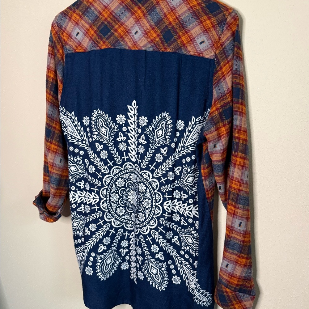 Tolani Plaid Mixed Media Button Down Bandana Back Shirt Boho Top Medium